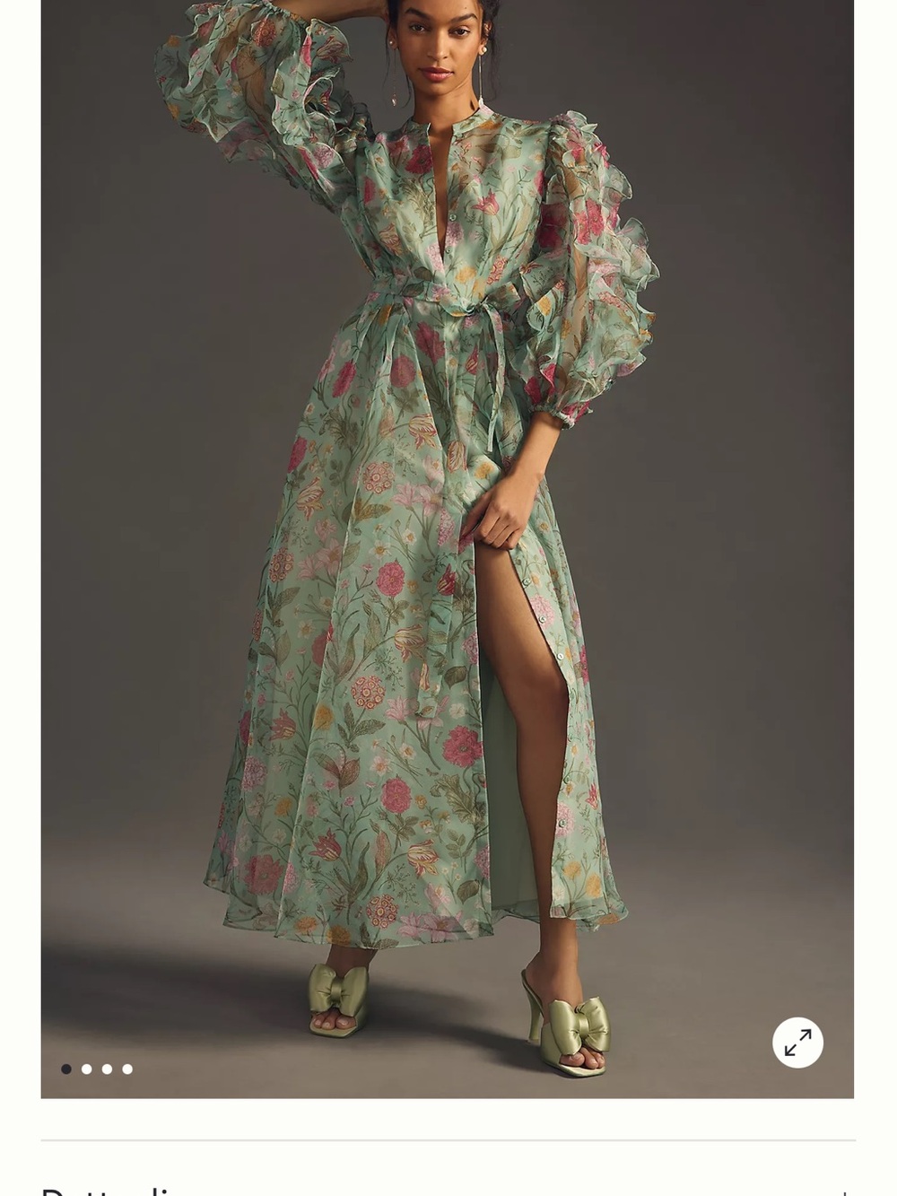 Fankai & Nidhi Organza Maxi Dress M Green Ruffle Puff Sleeve Belted Garden Party
